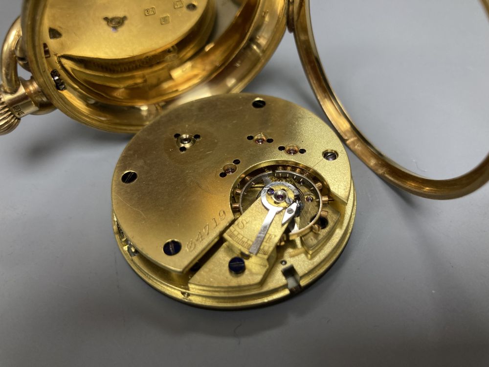 An Edwardian 18ct gold open face keywind lever pocket watch, the case back with engraved monogram,